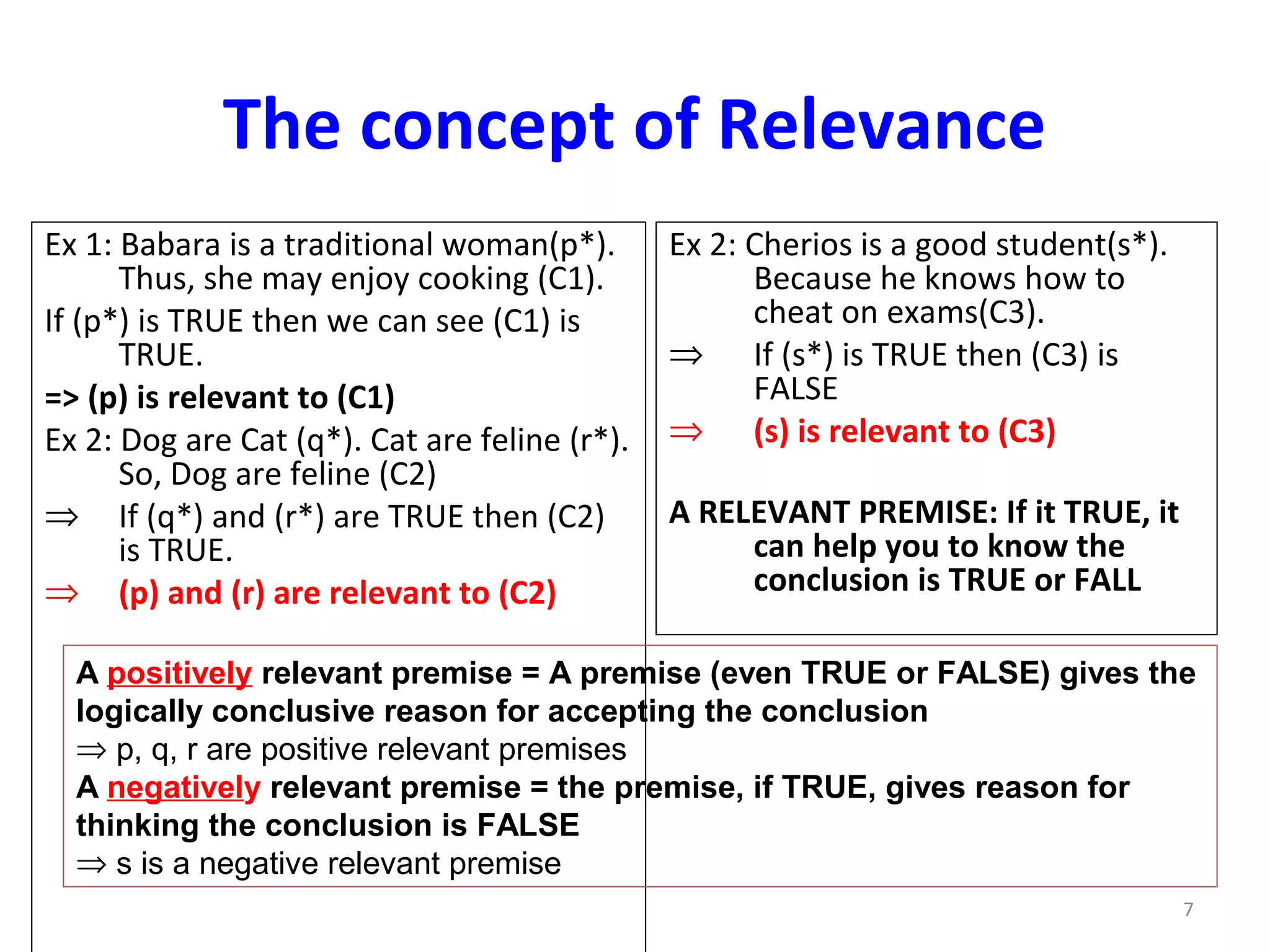7
The concept of Relevance
Ex 1: Babara is a traditional woman(p*).
Thus, she may enjoy cooking (C1).
If (p*) is TRUE then we can see (C1) is
TRUE.
=> (p) is relevant to (C1)
Ex 2: Dog are Cat (q*). Cat are feline (r*).
So, Dog are feline (C2)
⇒ If (q*) and (r*) are TRUE then (C2)
is TRUE.
⇒ (p) and (r) are relevant to (C2)
Ex 2: Cherios is a good student(s*).
Because he knows how to
cheat on exams(C3).
⇒ If (s*) is TRUE then (C3) is
FALSE
⇒ (s) is relevant to (C3)
A RELEVANT PREMISE: If it TRUE, it
can help you to know the
conclusion is TRUE or FALL
A positively relevant premise = A premise (even TRUE or FALSE) gives the
logically conclusive reason for accepting the conclusion
⇒ p, q, r are positive relevant premises
A negatively relevant premise = the premise, if TRUE, gives reason for
thinking the conclusion is FALSE
⇒ s is a negative relevant premise
 