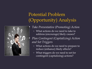 Potential Problem
(Opportunity) Analysis
• Take Preventative (Promoting) Action
– What actions do we need to take to
address (encourage) likely causes?
• Plan Contingent (Capitalizing) Action
and Set Triggers
– What actions do we need to prepare to
reduce (enhance) likely effects?
– What triggers do we need to set for
contingent (capitalizing) actions?
 