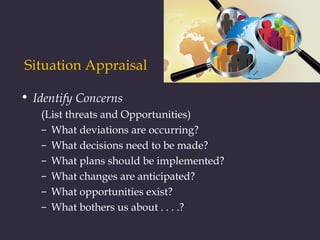 Situation Appraisal
• Identify Concerns
(List threats and Opportunities)
– What deviations are occurring?
– What decisions need to be made?
– What plans should be implemented?
– What changes are anticipated?
– What opportunities exist?
– What bothers us about . . . .?
 