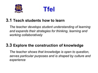 Tfel
3.1 Teach students how to learn
 The teacher develops student understanding of learning
 and expands their strategies for thinking, learning and
 working collaboratively


3.3 Explore the construction of knowledge
 The teacher shows that knowledge is open to question,
 serves particular purposes and is shaped by culture and
 experience
 