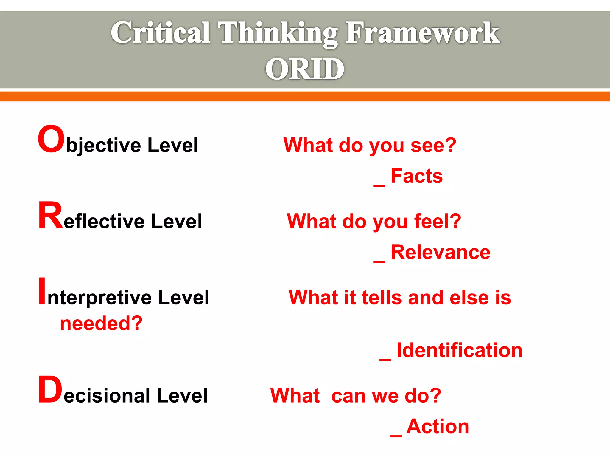 Objective Level What do you see?
_ Facts
Reflective Level What do you feel?
_ Relevance
Interpretive Level What it tells and else is
needed?
_ Identification
Decisional Level What can we do?
_ Action
 
