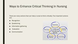 Ways to Enhance Critical Thinking In Nursing
There are many actions that can help a nurse to think critically. Five important actions
are:
■ Recognition
■ Questioning
■ Information gathering
■ Evaluation
■ Communication
 