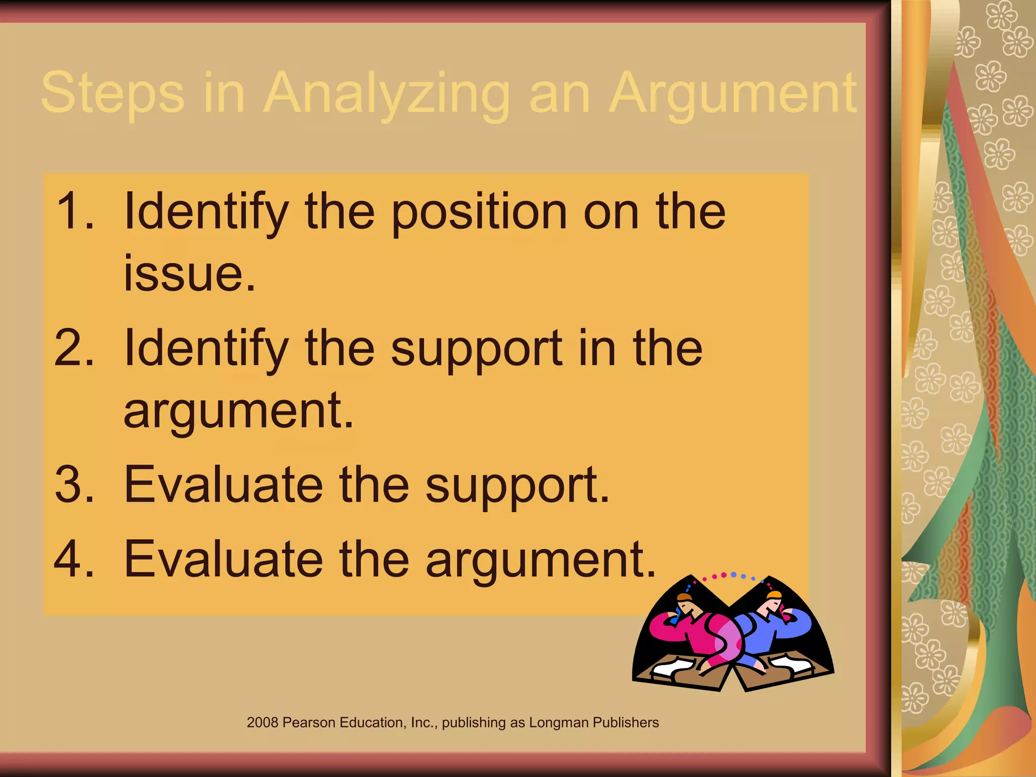 2008 Pearson Education, Inc., publishing as Longman Publishers
Steps in Analyzing an Argument
1. Identify the position on the
issue.
2. Identify the support in the
argument.
3. Evaluate the support.
4. Evaluate the argument.
 