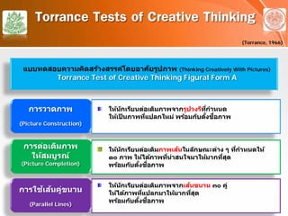 Torrance Tests of Creative Thinking
(Torrance, 1966)
แบบทดสอบความคิดสร้างสรรค์โดยอาศัยรูปภาพ (Thinking Creatively With Pictures)
Torrance Test of Creative Thinking Figural Form A
ให้นักเรียนต่อเติมภาพจากรูปวงรีที่กําหนด
ให้เป็ นภาพที่แปลกใหม่ พร้อมกับตั้งชื่อภาพ
การวาดภาพ
(Picture Construction)
ให้นักเรียนต่อเติมภาพเส้นในลักษณะต่าง ๆ ที่กําหนดให้
๑๐ ภาพ ให้ได้ภาพที่น่าสนใจมาให้มากที่สุด
พร้อมกับตั้งชื่อภาพ
การต่อเติมภาพ
ให้สมบูรณ์
(Picture Completion)
ให้นักเรียนต่อเติมภาพจากเส้นขนาน ๓๐ คู่
ให้ได้ภาพที่แปลกมาให้มากที่สุด
พร้อมกับตั้งชื่อภาพ
การใช้เส้นคู่ขนาน
(Parallel Lines)
 