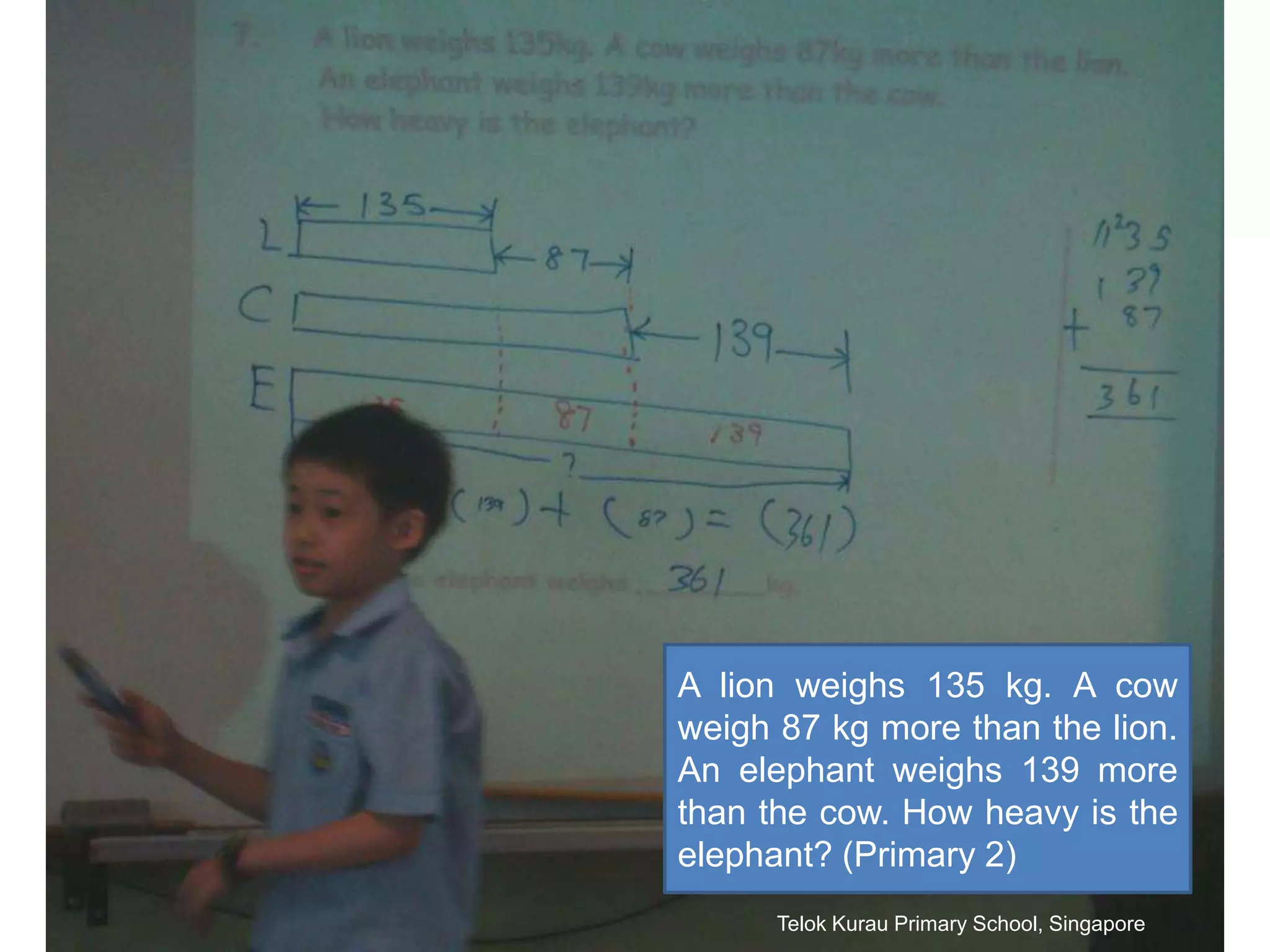 A lion weighs 135 kg. A cow weigh 87 kg more than the lion. An elephant weighs 139 more than the cow. How heavy is the elephant? (Primary 2)TelokKurau Primary School, Singapore