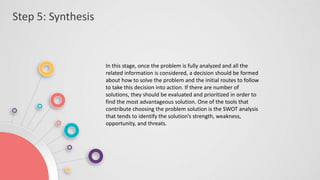 Step 5: Synthesis
In this stage, once the problem is fully analyzed and all the
related information is considered, a decision should be formed
about how to solve the problem and the initial routes to follow
to take this decision into action. If there are number of
solutions, they should be evaluated and prioritized in order to
find the most advantageous solution. One of the tools that
contribute choosing the problem solution is the SWOT analysis
that tends to identify the solution’s strength, weakness,
opportunity, and threats.
 