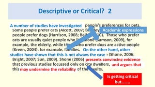 Descriptive or Critical? 2
A number of studies have investigated people’s preferences for pets.
Some people prefer cats (Alcott, 2007; Bentley 2011) but some
people prefer dogs (Harrison, 2008; Bailey 2010). Those who prefer
cats are usually quiet people who live alone (Samson, 2009), for
example, the elderly, while those who prefer dogs are active people
(Kreen, 2004), for example, families. On the other hand, other
studies have shown that this is not always the case (Shone, 2006;
Bright, 2007; Sun, 2009). Shone (2006) presents convincing evidence
that previous studies focussed only on city dwellers, and argues that
this may undermine the reliability of the results.
A number of studies have investigated
On the other hand, other
studies have shown that this is not always the case
presents convincing evidence
and argues that
may undermine the reliability
Is getting critical
but……..
Academic expressions
 