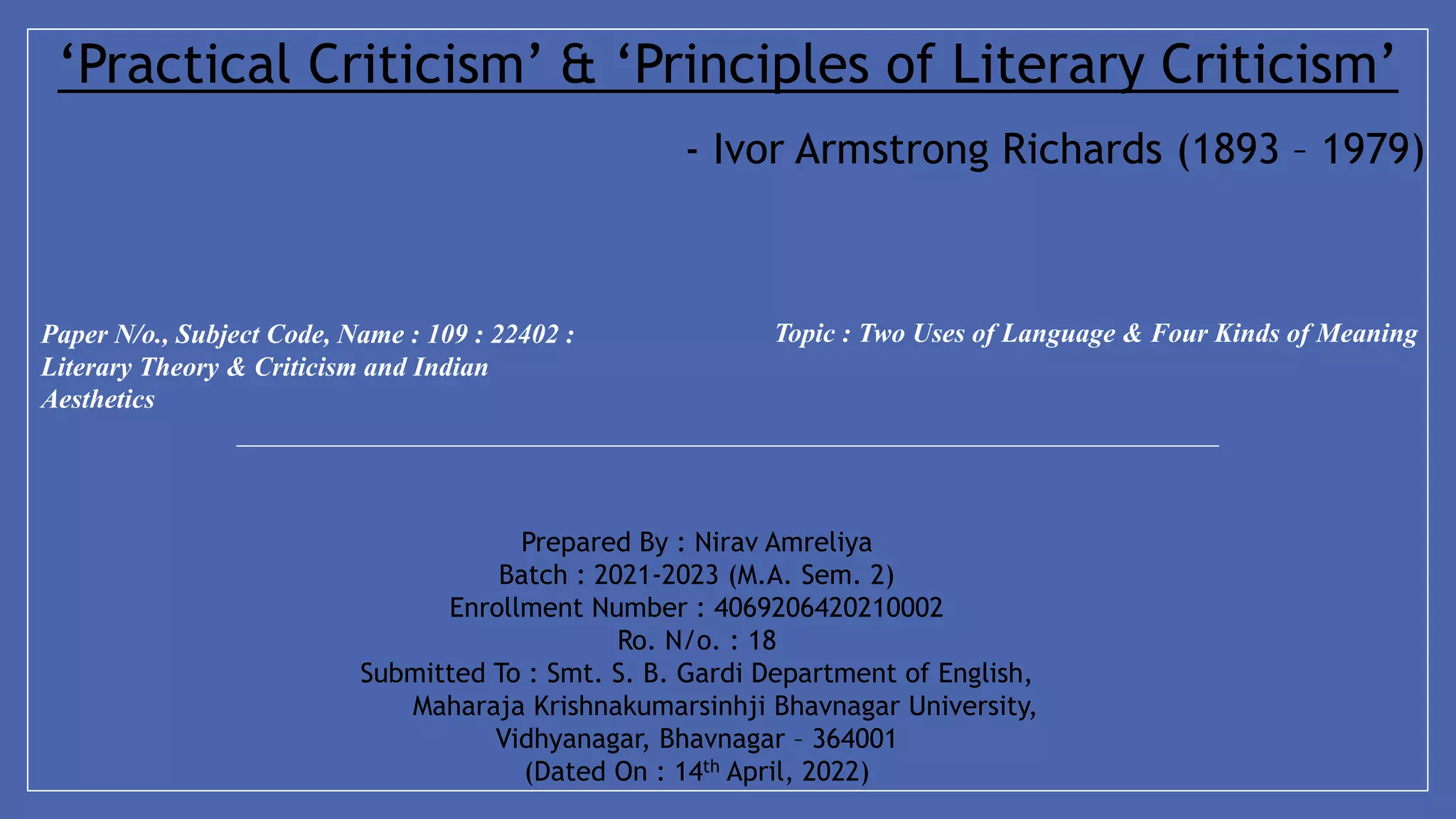 Practical Criticism Sample 'Critica Practica' (1929) by I. A. Richards - Two Uses of Language ...