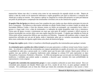 Manual de Referência para a Crítica Textual / 5
manuscritos latinos mas não é a mesma coisa como ter um manuscrito do segundo século na mão. Depois de
indicar a data da versão ou do manuscrito indicamos a região geográfica com qual se relaciona e a categoria dos
Aland que se aplica ao mesmo. Nós estamos a aplicar as categorias às versões pela primeira vez para providenciar
um ponto de partida para a comparação das testemunhas versionais com as dos manuscritos gregos.
O quadro Pais da Igreja providencia uma lista completa dos pais citados nas duas edições principais do texto do
Novo Testamento. Providencia as abreviações utilizadas na edição Nestle-Aland, os nomes citados na edição das
Sociedades Bíblicas Unidas, a lista dos mesmos nomes ou títulos em português, um comentário breve sobre a
pessoa e o lugar onde vivia, a data do testemunho e a indicação da região geográfica onde vivia e ministrava.
Vários pais da Igreja viveram e ministraram em mais que uma parte do mundo e portanto é difícil associar as
leituras encontradas nos escritos deles com uma região específica do mundo. E alguém que trabalha na Norte de
África pode utilizar manuscritos bíblicos que encontrou na Palestina. Enquanto não podemos saber a origem dos
manuscritos utilizados por um pai de Igreja, ainda é importante saber que as variantes encontradas nos escritos
deles eram conhecidas em alguma região numa certa altura da história da Igreja.
O mapa das regiões ajuda o leitor a visualizar a distribuição geográfica das testemunhas para qualquer variante.
As orientações para a prática da crítica textual servem para apresentar a evidência textual numa forma visual e
clara. Ao colocar os símbolos das testemunhas nos espaços apropriados no quadro, de acordo com a antiguidade e
a qualidade de cada uma, a pessoa pode ver o melhor apoio que há para cada variante. Quem quiser utilizar os
quadros mas que prefere as categorias tradicionais pode empregar as colunas II-V para representar os tipos
Alexandrino, Cesareense, Ocidental, e Bizantino. As folha tem perguntas que servem para nos lembrar de algumas
tendências e realidades que podem ajudar o estudante a discernir quais variantes têm mais probabilidade de
representarem o texto original.
O quadro dos conteúdos dos manuscritos gregos é o mais completo conhecido ao autor deste manual. Deve ser
consultado para preparar um Quadro Matriz para um livro, secção de um livro, ou para qualquer unidade de
variação. Em combinação com as listas dos Aland que tratam dos conteúdos dos papiros e dos unciais o leitor
 