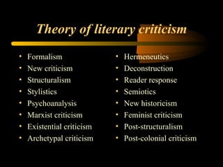 Theory of literary criticism Formalism  New criticism Structuralism  Stylistics  Psychoanalysis Marxist criticism Existential criticism Archetypal criticism Hermeneutics  Deconstruction Reader response Semiotics  New historicism  Feminist criticism Post-structuralism Post-colonial criticism 