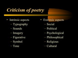 Criticism of poetry Intrinsic aspects Typography Sounds Imagery Figurative Symbol Tone Extrinsic aspects Social Political Psychological Philosophical Religious Cultural 