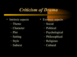 Criticism of Drama Intrinsic aspects Theme Character Plot Setting Style Subtext Extrinsic aspects Social Political Psychological Philosophical Religious Cultural 