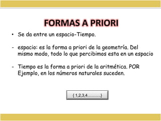 FORMASA PRIORI Se da entre un espacio-Tiempo.espacio: es la forma a priori de la geometría. Del mismo modo, todo lo que percibimos esta en un espacio