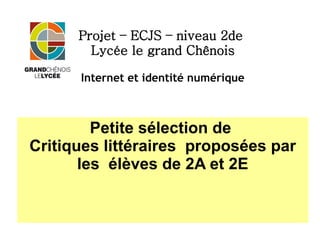 Projet – ECJS – niveau 2de
Lycée le grand Chênois
Internet et identité numérique
Petite sélection de
Critiques littéraires proposées par
les élèves de 2A et 2E
 