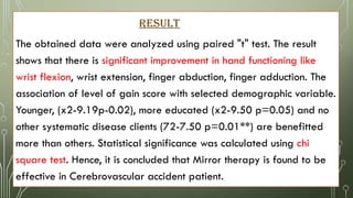 RESULT
The obtained data were analyzed using paired "t" test. The result
shows that there is significant improvement in hand functioning like
wrist flexion, wrist extension, finger abduction, finger adduction. The
association of level of gain score with selected demographic variable.
Younger, (x2-9.19p-0.02), more educated (x2-9.50 p=0.05) and no
other systematic disease clients (72-7.50 p=0.01**) are benefitted
more than others. Statistical significance was calculated using chi
square test. Hence, it is concluded that Mirror therapy is found to be
effective in Cerebrovascular accident patient.
 