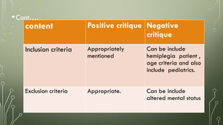 •Cont….
content Positive critique Negative
critique
Inclusion criteria Appropriately
mentioned
Can be include
hemiplegia patient ,
age criteria and also
include pediatrics.
Exclusion criteria Appropriate. Can be include
altered mental status
 
