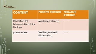 •Cont….
CONTENT POSITIVE CRITIQUE NEGATIVE
CRITIQUE
DISCUSSION:
Interpretation of the
findings
Mentioned clearly ……….
presentation Well organaised
dissertation.
…….
 