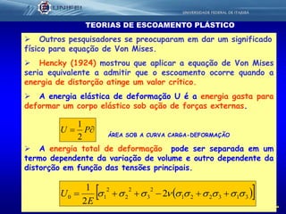 10
TEORIAS DE ESCOAMENTO PLÁSTICO
 Outros pesquisadores se preocuparam em dar um significado
físico para equação de Von Mises.
 Hencky (1924) mostrou que aplicar a equação de Von Mises
seria equivalente a admitir que o escoamento ocorre quando a
energia de distorção atinge um valor crítico.
 A energia elástica de deformação U é a energia gasta para
deformar um corpo elástico sob ação de forças externas.
ÁREA SOB A CURVA CARGA-DEFORMAÇÃO
 A energia total de deformação pode ser separada em um
termo dependente da variação de volume e outro dependente da
distorção em função das tensões principais.
  313221
2
3
2
2
2
10 2
2
1
 
E
U
 PU
2
1
 