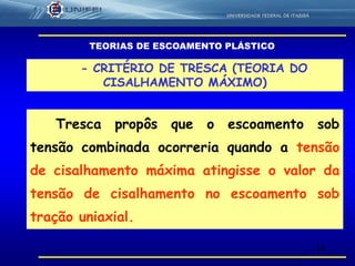 14
- CRITÉRIO DE TRESCA (TEORIA DO
CISALHAMENTO MÁXIMO)
Tresca propôs que o escoamento sob
tensão combinada ocorreria quando a tensão
de cisalhamento máxima atingisse o valor da
tensão de cisalhamento no escoamento sob
tração uniaxial.
TEORIAS DE ESCOAMENTO PLÁSTICO
 