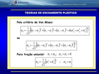 19
      2
1
222222
0 (6
2
1
xzyzxyzxzyyx  
      2
1
2
31
2
32
2
210
2
1
 
TEORIAS DE ESCOAMENTO PLÁSTICO
Pelo critério de Von Mises:
ou
Para tração uniaxial: 0; 3201  
  10
2
1
2
10
2
1
2
1
 
 