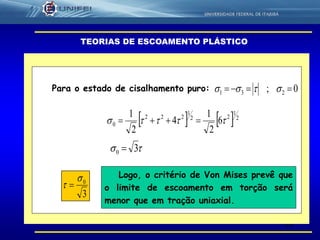 20
TEORIAS DE ESCOAMENTO PLÁSTICO
Para o estado de cisalhamento puro:
   2
1
22
1
222
0 6
2
1
4
2
1
 
0; 231  
 30 
3
0
 
Logo, o critério de Von Mises prevê que
o limite de escoamento em torção será
menor que em tração uniaxial.
 