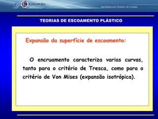 23
TEORIAS DE ESCOAMENTO PLÁSTICO
Expansão da superfície de escoamento:
O encruamento caracteriza varias curvas,
tanto para o critério de Tresca, como para o
critério de Von Mises (expansão isotrópica).
 