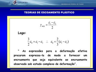28
TEORIAS DE ESCOAMENTO PLÁSTICO
2
31 


máx
Logo:
)(
3
2
2
3
310310  
“ As expressões para a deformação efetiva
procuram expressa-la de modo a fornecer um
encruamento que seja equivalente ao encruamento
observado sob estado complexo de deformação”.
 