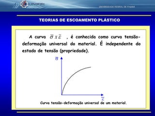 29
TEORIAS DE ESCOAMENTO PLÁSTICO
A curva , é conhecida como curva tensão-
deformação universal do material. É independente do
estado de tensão (propriedade).


Curva tensão-deformação universal de um material.
 x
 