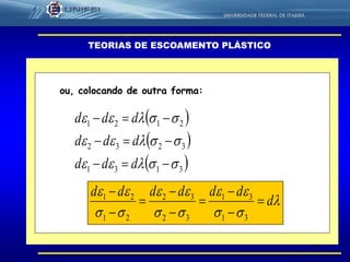 46
TEORIAS DE ESCOAMENTO PLÁSTICO
ou, colocando de outra forma:
 
 
 3131
3232
2121






ddd
ddd
ddd







d
dddddd









31
31
32
32
21
21
 