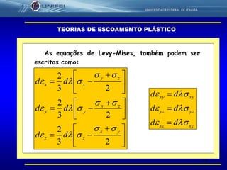 49
TEORIAS DE ESCOAMENTO PLÁSTICO
As equações de Levy-Mises, também podem ser
escritas como:





 






 






 

23
2
23
2
23
2
yx
zz
zx
yy
zy
xx
dd
dd
dd






xzxz
yzyz
xyxy
dd
dd
dd






 