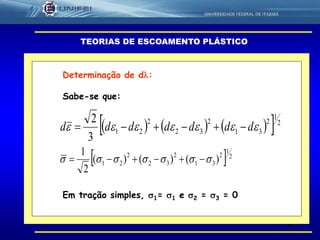 50
TEORIAS DE ESCOAMENTO PLÁSTICO
Determinação de d:
Sabe-se que:
      2
1
2
31
2
32
2
21
3
2
 ddddddd 
 2
1
2
31
2
32
2
21 )()()(
2
1
 
Em tração simples, 1= 1 e 2 = 3 = 0
 
