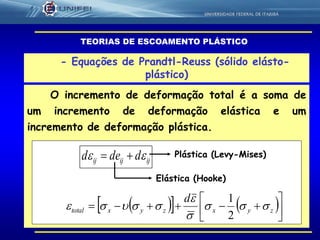 57
- Equações de Prandtl-Reuss (sólido elásto-
plástico)
O incremento de deformação total é a soma de
um incremento de deformação elástica e um
incremento de deformação plástica.
TEORIAS DE ESCOAMENTO PLÁSTICO
ijijij dded  
Elástica (Hooke)
Plástica (Levy-Mises)
    



 zyxzyxtotal
d




2
1
 