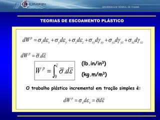 61
TEORIAS DE ESCOAMENTO PLÁSTICO
xzxzyzyzxyxyzzyyxx
p
dddddddW  
 ddW p
.



0
.dW p
 dddW xx
p

O trabalho plástico incremental em tração simples é:
(lb.in/in3)
(kg.m/m3)
 