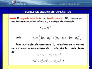 7
2
2
'
KI 
      2
31
2
32
2
212
6
1
'  I
TEORIAS DE ESCOAMENTO PLÁSTICO
onde:
Para avaliação da constante K, relaciona-se a mesma
ao escoamento num ensaio de tração simples, onde tem-
se:
0; 3201  
KK .36 0
2
0
2
0
2
 
O segundo invariante da tensão desvio, I2’, excedesse
um determinado valor crítico ou, a energia de distorção
 