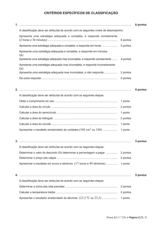 Prova 62/1.ª Ch. • Página C/5/ 9
critérios ESPECÍFICOS de classificação
1.  .....................................................................................................................................................	 6 pontos
A classificação deve ser atribuída de acordo com os seguintes níveis de desempenho:
Apresenta uma estratégia adequada e completa, e responde corretamente
(2 horas e 36 minutos).............................................................................................. 	 6 pontos
Apresenta uma estratégia adequada e completa, e responde em horas ..................... 	 5 pontos
Apresenta uma estratégia adequada e completa, e responde em minutos
OU
Apresenta uma estratégia adequada mas incompleta, e responde corretamente......... 	 4 pontos
Apresenta uma estratégia adequada mas incompleta, e responde incorretamente
OU
Apresenta uma estratégia adequada mas incompleta, e não responde................... 	 2 pontos
Dá outra resposta ..................................................................................................... 	 0 pontos
2.  .....................................................................................................................................................	 8 pontos
A classificação deve ser atribuída de acordo com as seguintes etapas:
Obter o comprimento do raio .................................................................................... 	 1 pontos
Calcular a área do círculo ........................................................................................ 	 2 pontos
Calcular a área do semicírculo ................................................................................. 	 1 pontos
Calcular a área do triângulo ..................................................................................... 	 2 pontos
Calcular a área do convite ........................................................................................ 	 1 pontos
Apresentar o resultado arredondado às unidades (168 cm2 ou 168) .................... 	 1 pontos
3.  .....................................................................................................................................................	 5 pontos
A classificação deve ser atribuída de acordo com as seguintes etapas:
Determinar o valor do desconto OU determinar a percentagem a pagar ................ 	 2 pontos
Determinar o preço das calças ................................................................................. 	 2 pontos
Apresentar o resultado em euros e cêntimos (17 euros e 49 cêntimos) ............... 	 1 pontos
4.  .....................................................................................................................................................	 5 pontos
A classificação deve ser atribuída de acordo com as seguintes etapas:
Determinar a soma das sete parcelas ...................................................................... 	 2 pontos
Calcular a temperatura média .................................................................................. 	 2 pontos
Apresentar o resultado arredondado às décimas (23,3 ºC ou 23,3) ..................... 	 1 pontos
 