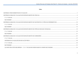 Instituto Diocesano de Formação João Paulo II – Critérios de Avaliação – Ano letivo 2012/2013




                                                                                                                               Índice


CRITÉRIOS E PROCEDIMENTOS DE AVALIAÇÃO .......................................................................................................................................................................................... 3

CRITÉRIOS GLOBAIS DE AVALIAÇÃO DO DEPARTAMENTO DE LÍNGUAS ............................................................................................................................................. 4

   2.º e 3.º CICLOS .................................................................................................................................................................................................................................................... 4

   SECUNDÁRIO ..................................................................................................................................................................................................................................................... 7

CRITÉRIOS GLOBAIS DE AVALIAÇÃO DO DEPARTAMENTO DE MATEMÁTICA E CIÊNCIAS EXPERIMENTAIS .......................................................................... 10

   2.º e 3.º CICLOS .................................................................................................................................................................................................................................................. 10

   SECUNDÁRIO ................................................................................................................................................................................................................................................... 14

CRITÉRIOS GLOBAIS DE AVALIAÇÃO DO DEPARTAMENTO DE CIÊNCIAS SOCIAIS E HUMANAS ................................................................................................. 19

   2.º e 3.º CICLOS .................................................................................................................................................................................................................................................. 19

   SECUNDÁRIO ................................................................................................................................................................................................................................................... 21

CRITÉRIOS GLOBAIS DE AVALIAÇÃO DO DEPARTAMENTO DE EXPRESSÕES ................................................................................................................................... 25

   2.º E 3.º CICLOS ................................................................................................................................................................................................................................................. 25

   CRITÉRIOS DE AVALIAÇÃO DE EDUCAÇÃO FÍSICA .............................................................................................................................................................................. 30

   2.º E 3.º CICLOS ................................................................................................................................................................................................................................................. 30

   SECUNDÁRIO ................................................................................................................................................................................................................................................... 32

   ALUNOS COM ATESTADO MÉDICO – 2.º E 3.º CICLOS DO ENSINO BÁSICO E ENSINO SECUNDÁRIO ........................................................................................ 34




                                                                                                                                                                                                                                                                        2
 