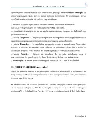 CRITÉRIOS DE AVALIAÇÃO DE 1.º CICLO

aprendizagem e características de cada turma/criança, privilegia a diversidade de estratégias de
ensino/aprendizagem (para que os alunos realizem experiências de aprendizagem ativas,
significativas, diversificadas, integradoras e socializadoras).
A avaliação é contínua e processa-se através de diversos instrumentos de avaliação.
Por isso, a avaliação deve ter em conta e refletir a evolução do aluno.
As modalidades de avaliação em uso são aquelas que se encontram expressas nos diplomas legais
para o ensino básico:
Avaliação Diagnóstica – Tem particular importância no despiste de situações problemáticas e é
necessária para se organizarem mecanismos de recuperação e acompanhamento.
Avaliação Formativa – É a modalidade que permite regular as aprendizagens. Tem caráter
contínuo e interativo, recorrendo a uma variedade de instrumentos de recolha e análise de
informação, de acordo com a natureza das aprendizagens e dos contextos em que ocorrem.
Avaliação Sumativa – Consiste na formulação de um juízo globalizante sobre o
desenvolvimento das aprendizagens do aluno. Realiza-se no final de cada período letivo.
Autoavaliação – A realizar trimestralmente pelos alunos dos 3º e 4º anos de escolaridade.

III. CRITÉRIOS GERAIS DE AVALIAÇÃO
Sendo um processo contínuo e que privilegia a diversidade de estratégias e instrumentos, ao
longo de todo o 1º Ciclo a avaliação focalizar-se-á na evolução escolar do aluno, nas diferentes
áreas que o currículo integra.

Os Critérios Gerais de Avaliação aprovados no Conselho Pedagógico definem como princípios
orientadores da avaliação que 70% da classificação final incidirá sobre os saberes/aprendizagens
realizadas (Nível do Saber/Saber Fazer) e 30% sobre as atitudes/valores (Nível do Saber Ser).

Página 2 de 8

 