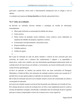 CRITÉRIOS DE AVALIAÇÃO DE 1.º CICLO

geral para o particular, assim como o relacionamento interpessoal com os colegas e com os
adultos.
A avaliação será expressa de forma descritiva no final de cada período letivo.

No 1º ciclo, na avaliação:
a) Deverão ser utilizados diversos métodos e estratégias de recolha de informação,
nomeadamente:


Observação (informal ou estruturada) do trabalho dos alunos;



Testes escritos;



Outras formas de produção escrita (relatórios, textos criativos, textos elaborados na
sequência de trabalhos de pesquisa, inquéritos e outros);



Comunicação oral (apresentações e discussões orais);



Projetos/trabalhos de campo;



Trabalhos práticos;



Grelhas de registo,



…

b) O grau de utilização de cada um destes métodos é variável de área curricular para área
curricular, de acordo com a natureza dos conhecimentos a adquirir e as capacidades a
desenvolver, sendo certo, também, que uma determinada aprendizagem/conhecimento pode ser
avaliada através de mais do que um método e, inversamente, um mesmo método pode servir para
avaliar diversas aprendizagens.
c) Deve ser aplicado, no mínimo, por período letivo, nas áreas curriculares de Português,
Matemática e Estudo do Meio, dois elementos de avaliação sumativa escrita com exceção do 3.º
período letivo em que apenas poderá ser aplicado um momento de avaliação.
d) As datas de realização das provas de avaliação sumativa escrita são comunicadas aos alunos e
encarregados de educação.
e) A prova de avaliação sumativa escrita de final de período será elaborada em Conselho de Ano.
f) A entrega das provas escritas de avaliação deve ser feita o mais rapidamente possível, sendo as
mesmas devidamente corrigidas, classificadas e analisadas antes da realização da prova seguinte,
para que os alunos compreendam o motivo de eventuais erros e como superá-los.
Página 5 de 8

 