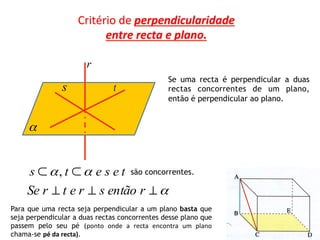 Critério	
  de	
  perpendicularidade	
  	
  
                                 entre	
  recta	
  e	
  plano.	
  

                               r
                                                                 Se uma recta é perpendicular a duas
                     s                    t                      rectas concorrentes de um plano,
                                                                 então é perpendicular ao plano.


       α


       s ⊂ α, t ⊂ α e s e t                      são concorrentes.

      Se r ⊥ t e r ⊥ s então r ⊥ α
Para que uma recta seja perpendicular a um plano basta que
seja perpendicular a duas rectas concorrentes desse plano que
passem pelo seu pé (ponto	
   onde	
   a	
   recta	
   encontra	
   um	
   plano	
  
chama-se pé	
  da	
  recta).
 