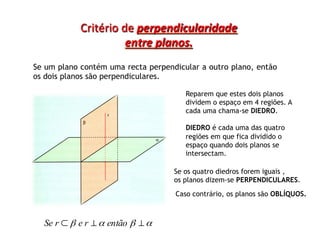 Critério	
  de	
  perpendicularidade	
  	
  
                         entre	
  planos.	
  
Se um plano contém uma recta perpendicular a outro plano, então
os dois planos são perpendiculares.

                                        Reparem que estes dois planos
                                        dividem o espaço em 4 regiões. A
                                        cada uma chama-se DIEDRO.

                                         DIEDRO é cada uma das quatro
                                         regiões em que fica dividido o
                                         espaço quando dois planos se
                                         intersectam.
                                          
                                          
                                     Se os quatro diedros forem iguais ,
                                     os planos dizem-se PERPENDICULARES.
                                     Caso contrário, os planos são OBLÍQUOS.



  Se r ⊂ β e r ⊥ α então β ⊥ α
 