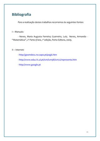 Bibliografia
      Para a realização destes trabalhos recorremos às seguintes fontes:



I – Manuais:

     - Neves, Maria Augusta Ferreira; Guerreiro, Luís; Neves, Armando
“Matemática”, 2ª Parte 9ºano, 1ª edição, Porto Editora, 2009.



II – Internet:

      - http://geomdesc.no.sapo.pt/pag6.htm

      - http://www.educ.fc.ul.pt/icm/icm98/icm22/representa.htm

      - http://www.google.pt




                                                                           13
 