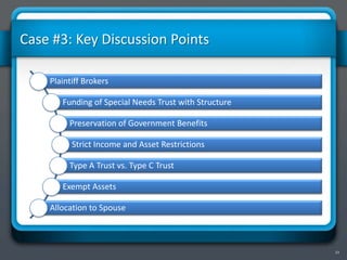23
Case #3: Key Discussion Points
Plaintiff Brokers
Funding of Special Needs Trust with Structure
Preservation of Government Benefits
Strict Income and Asset Restrictions
Type A Trust vs. Type C Trust
Exempt Assets
Allocation to Spouse
 