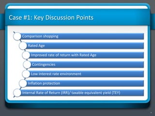 9
Case #1: Key Discussion Points
Comparison shopping
Rated Age
Improved rate of return with Rated Age
Contingencies
Low interest rate environment
Inflation protection
Internal Rate of Return (IRR)/ taxable equivalent yield (TEY)
 