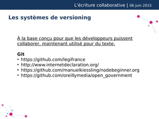 L'écriture collaborative | 06 juin 2015
Les systèmes de versioning
À la base conçu pour que les développeurs puissent
collaborer, maintenant utilisé pour du texte.
Git
●
https://github.com/legifrance
●
http://www.internetdeclaration.org/
●
https://github.com/manuelkiessling/nodebeginner.org
●
https://github.com/oreillymedia/open_government
 