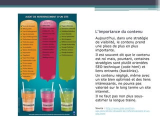 L’importance du contenu
Aujourd’hui, dans une stratégie
de visibilité, le contenu prend
une place de plus en plus
importante.
Il est souvent dit que le contenu
est roi mais, pourtant, certaines
stratégies sont plutôt orientées
SEO technique (code html) et
liens entrants (backlinks).
Un contenu négligé, même avec
un site bien optimisé et des liens
intéressants, ne pourra pas
valorisé sur le long terme un site
internet.
Il ne faut pas non plus sousestimer la longue traine.
Source :
http://www.pole-position-seo.com/2013/10/
audit-de-referencement-d-un-site.html

 