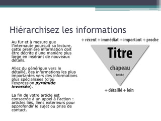 Hiérarchisez les informations
Au fur et à mesure que
l’internaute poursuit sa lecture,
cette première information doit
être décrite d’une manière plus
large en insérant de nouveaux
détails.
Allez du générique vers le détaillé,
des informations les plus
importantes vers des informations
plus spécialisées (d'où
l'expression pyramide
inversée).
La fin de votre article est
consacrée à un appel à l’action :
articles liés, liens extérieurs pour
approfondir le sujet ou prise de
contact.

 