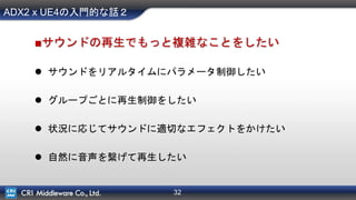 32
ADX2 x UE4の入門的な話２
■サウンドの再生でもっと複雑なことをしたい
 サウンドをリアルタイムにパラメータ制御したい
 グループごとに再生制御をしたい
 状況に応じてサウンドに適切なエフェクトをかけたい
 自然に音声を繋げて再生したい
 