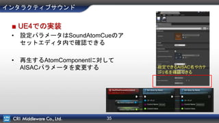 35
インタラクティブサウンド
■ UE4での実装
• 設定パラメータはSoundAtomCueのア
セットエディタ内で確認できる
• 再生するAtomComponentに対して
AISACパラメータを変更する 指定できるAISAC名やカテ
ゴリ名を確認できる
 