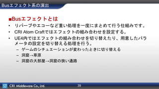 39
Busエフェクト系の演出
■Busエフェクトとは
• リバーブやエコーなど重い処理を一度にまとめて行う仕組みです。
• CRI Atom Craftではエフェクトの組み合わせを設定する。
• UE4内ではエフェクトの組み合わせを切り替えたり、用意したパラ
メータの設定を切り替える処理を行う。
– ゲームのシチュエーションが変わったときに切り替える
– 洞窟→草原
– 洞窟の大部屋→洞窟の狭い通路
 