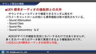 45
サウンド周辺の機能
■UE4 標準オーディオの機能群との共存
サウンドキューエディタで構築できるランダム再生や
パラメータコントロールの他にも標準機能は様々提供されている。
- Sound Attenuation
- Sound Class
- Sound Mix
- Sound Concurrency など
ADX2がすべての機能を完全にカバーするわけではありませんが、
多くをカバーまたはデータ側で実現できるよう機能強化中です。
※ADX2とUE4標準オーディオの併用も可能。
 